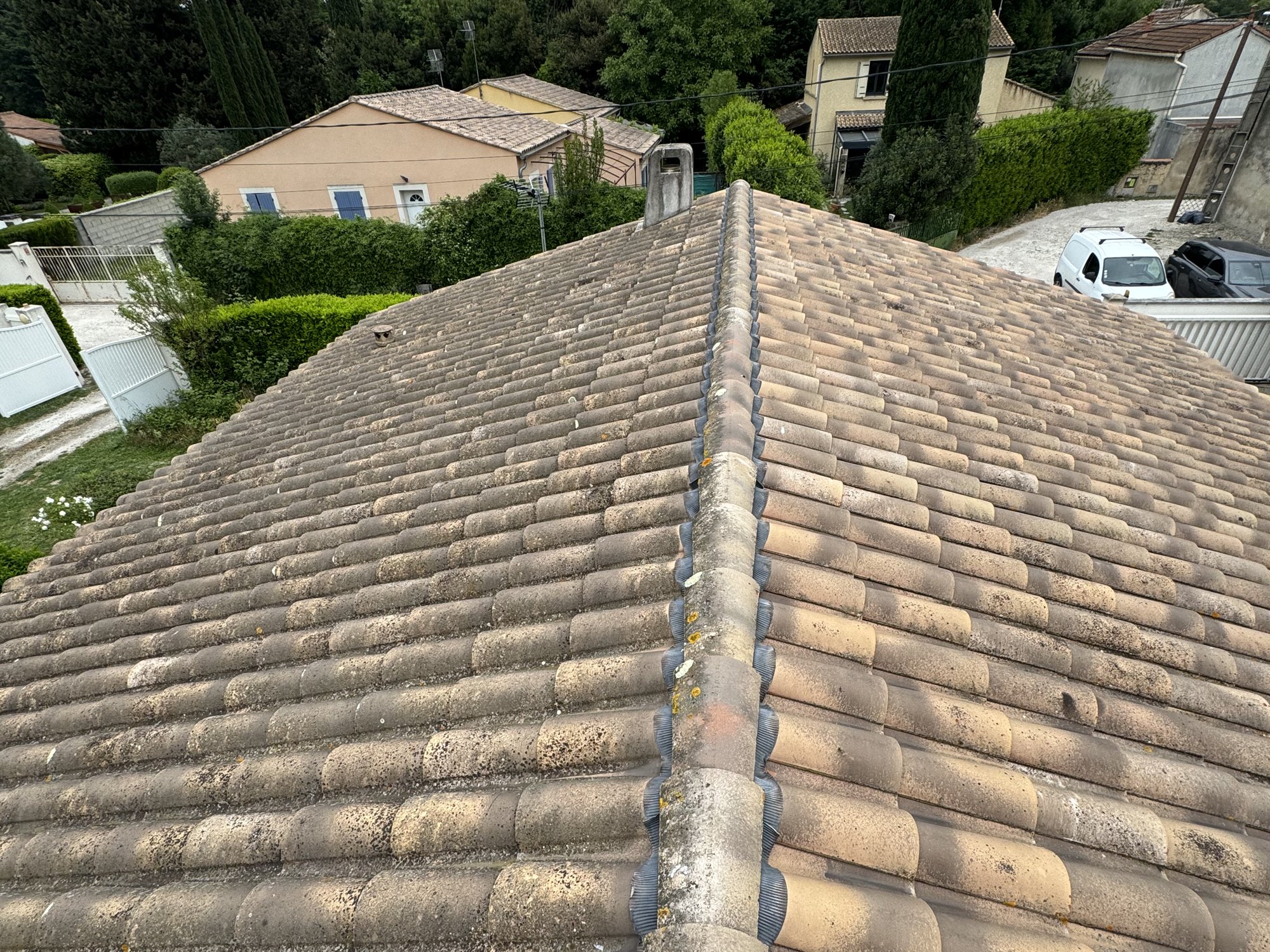 Vue d’ensemble de la toiture avant traitement
